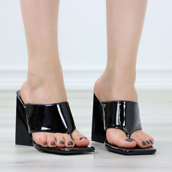 New Squared Open Toe Thong Flip Flop Stiletto Heel Slide Sandal Mules Patent - Picture 2 of 11
